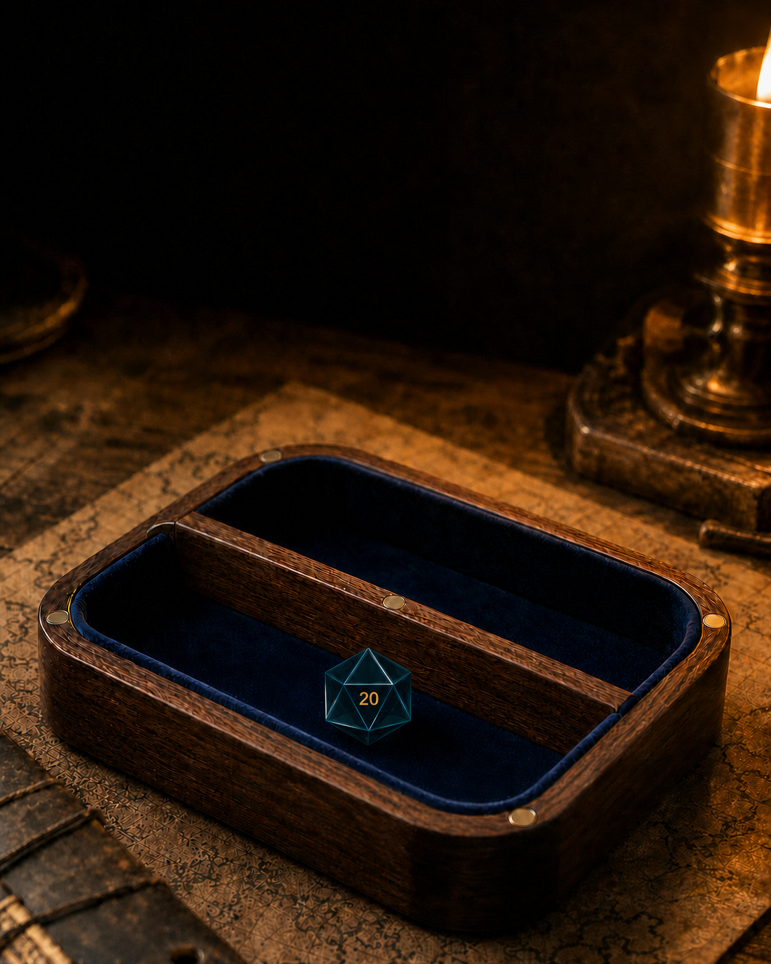 Original tabletop dice tray concept with a regular twenty-sided die showing 20